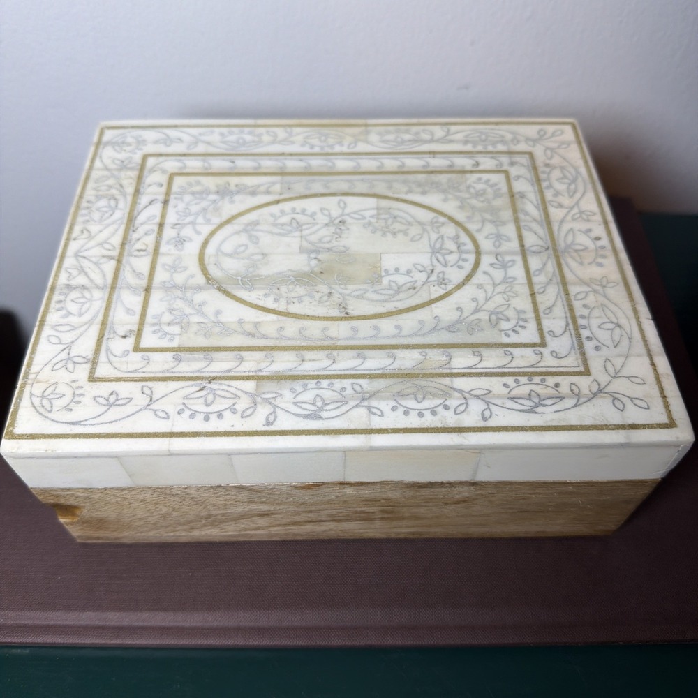 Vintage Wood White Tile Inlay Floral Lid Keepsake Box Boho 8.25'' x 6.25''